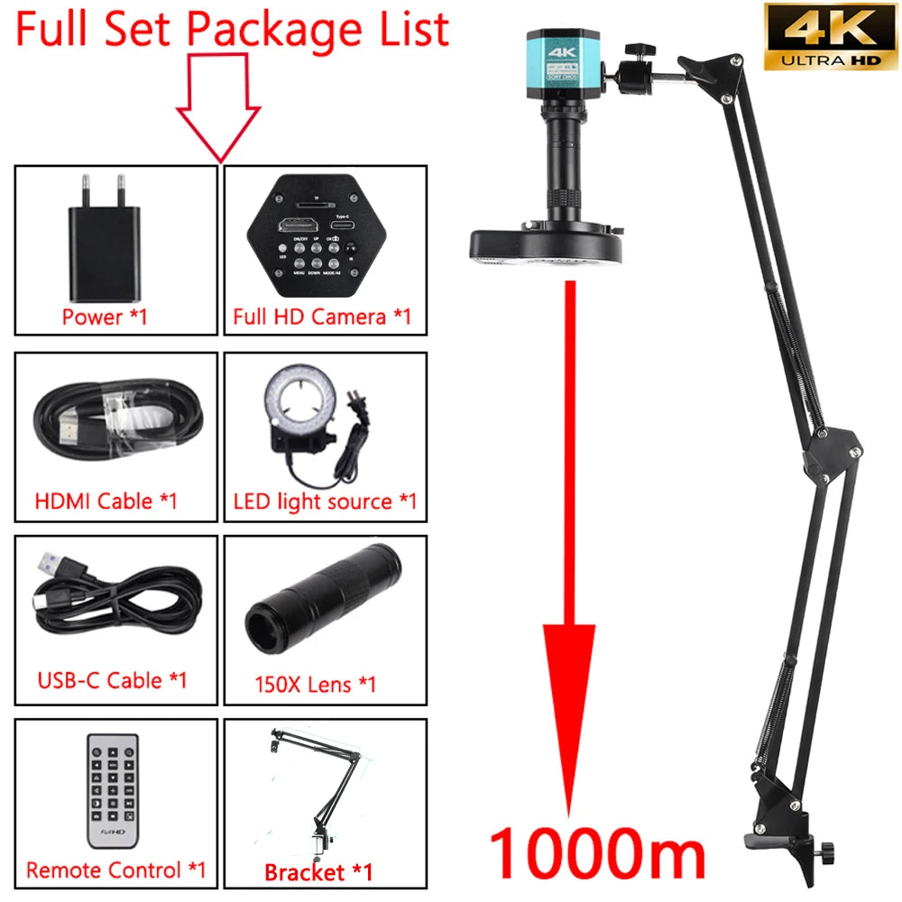 4K Digital Microscope 48MP Microscope For Electronics USB-C Industrial Cameras HDMI 1-150X Zoom C-Mount Lens Phone Pcb Soldering