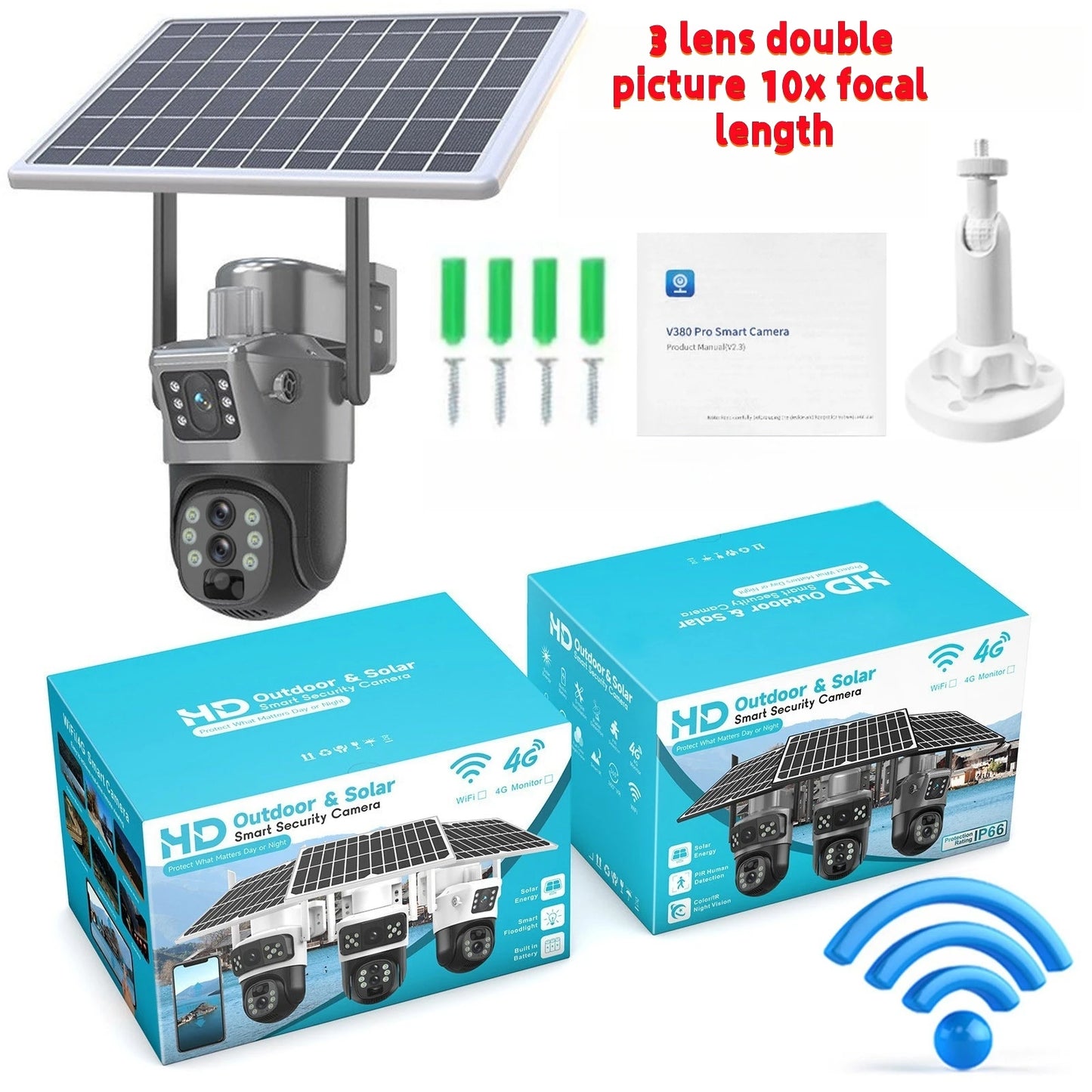 Wireless outdoor solar security camera, 1080P HD night vision 3 lens dual picture, IP65 waterproof, wireless monitor