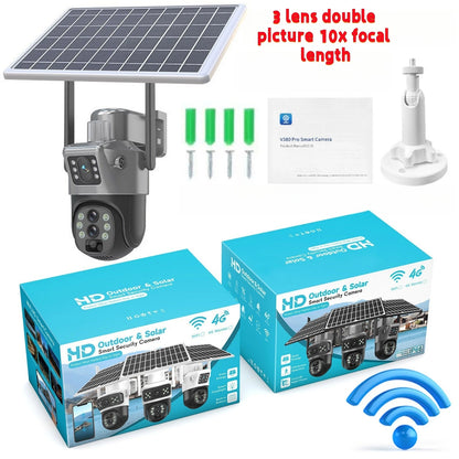 Wireless outdoor solar security camera, 1080P HD night vision 3 lens dual picture, IP65 waterproof, wireless monitor