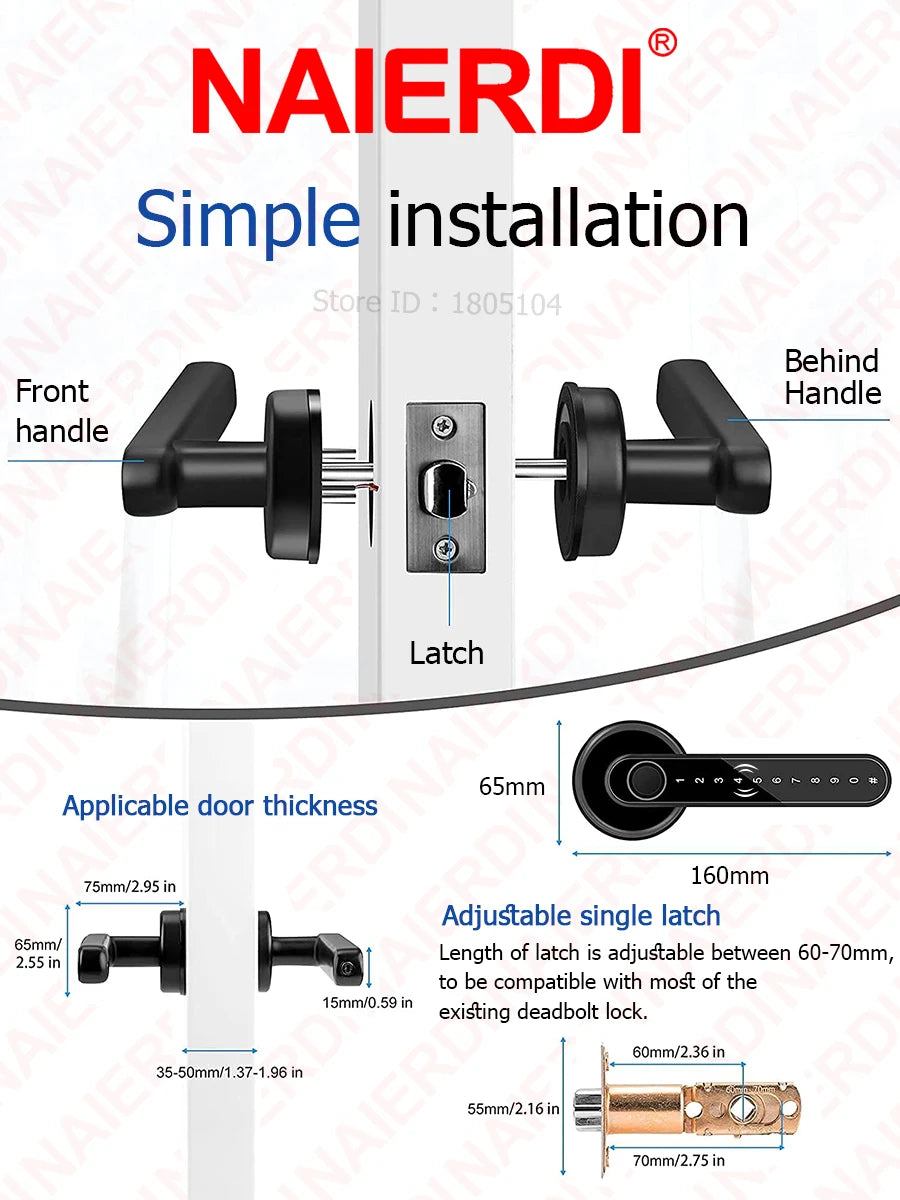 NAIERDI Smart Door Lock 5-1 Keyless Bluetooth Fingerprint Door Lock with Card Tuya APP Security Digital Door Lock with Handle