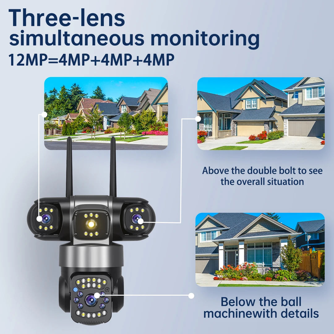 WiFi Security Camera IP 12MP 6K External Outdoor Surveillance Cctv Triple Lenses Triple Screens Wireless Night Vision Cameras