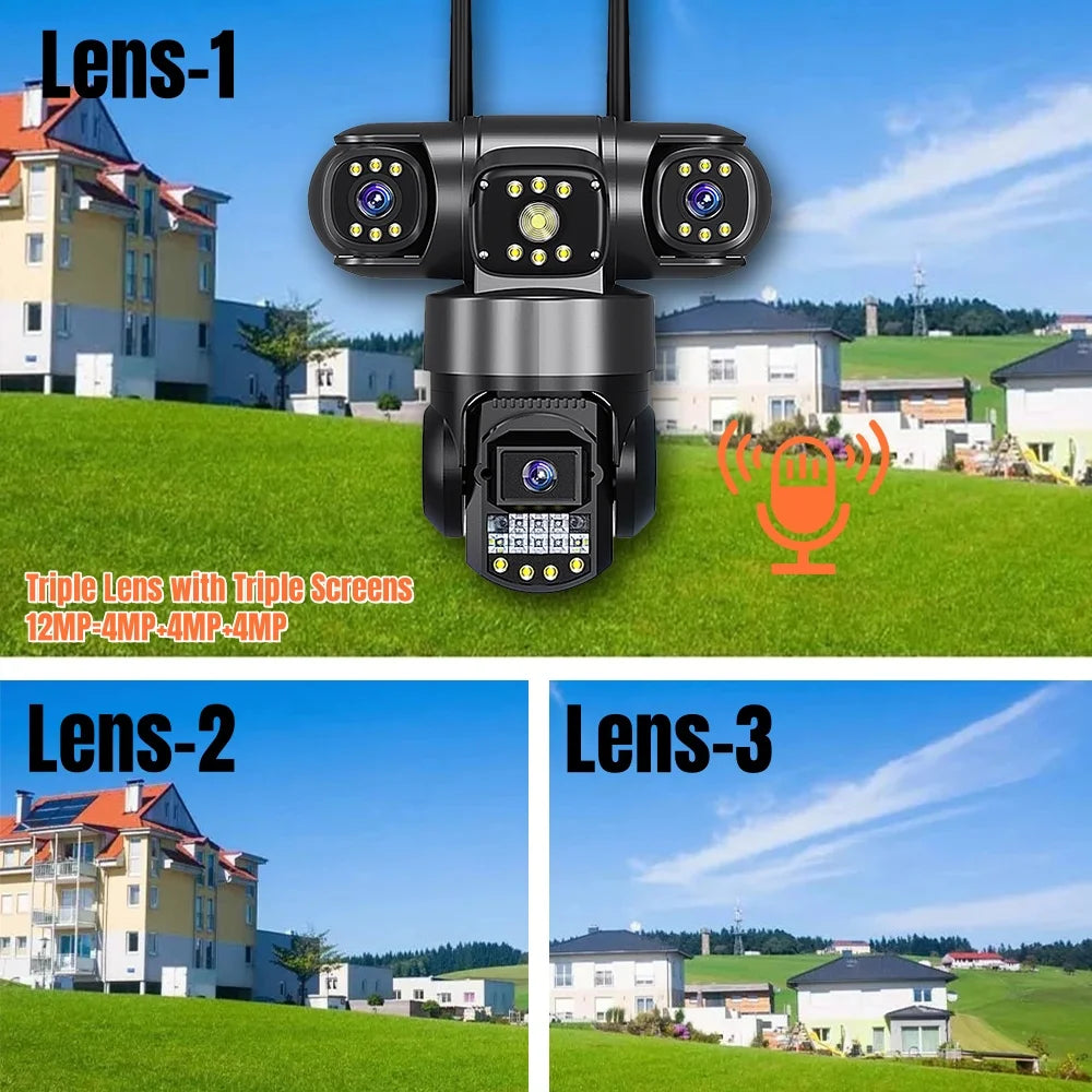 CCTV WiFi IP Camera Outdoor 12MP 6K Triple Lenses Triple Screens Security Video Monitor Night Vision Waterproof CCTV Cameras New