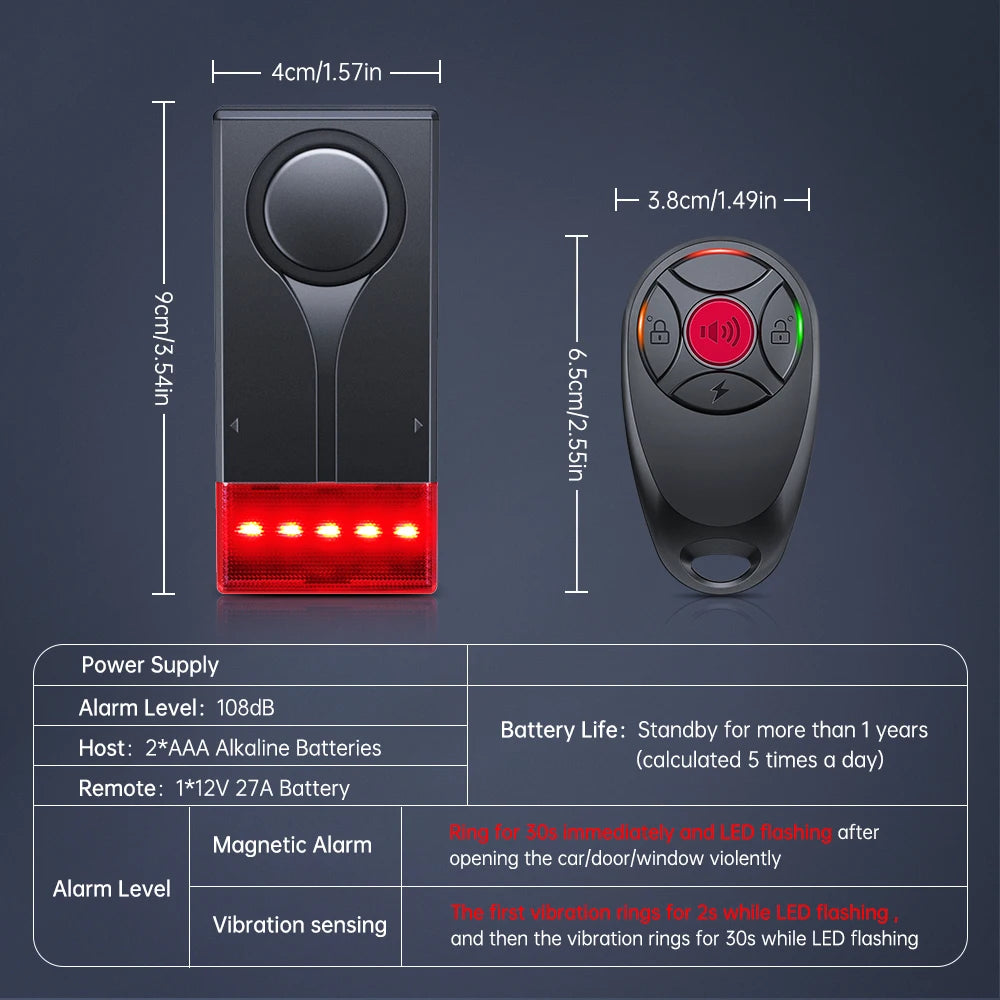 Wireless Car Vibration Alarm With Light 108dB Loud Car Door And Window Anti Theft Alarm Bike Motorcycle Security Alarm