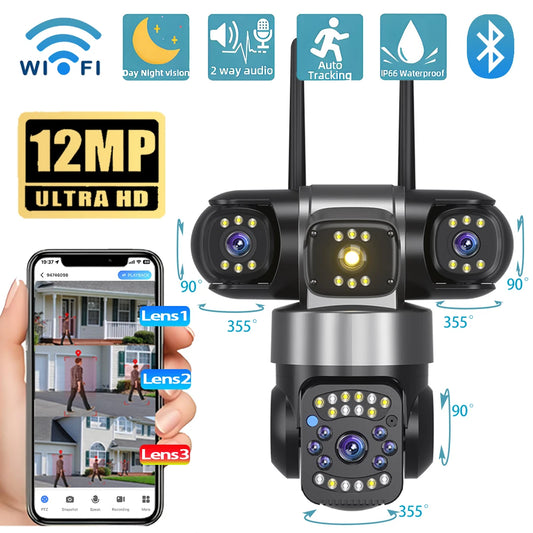 WiFi Security Camera IP 12MP 6K External Outdoor Surveillance Cctv Triple Lenses Triple Screens Wireless Night Vision Cameras