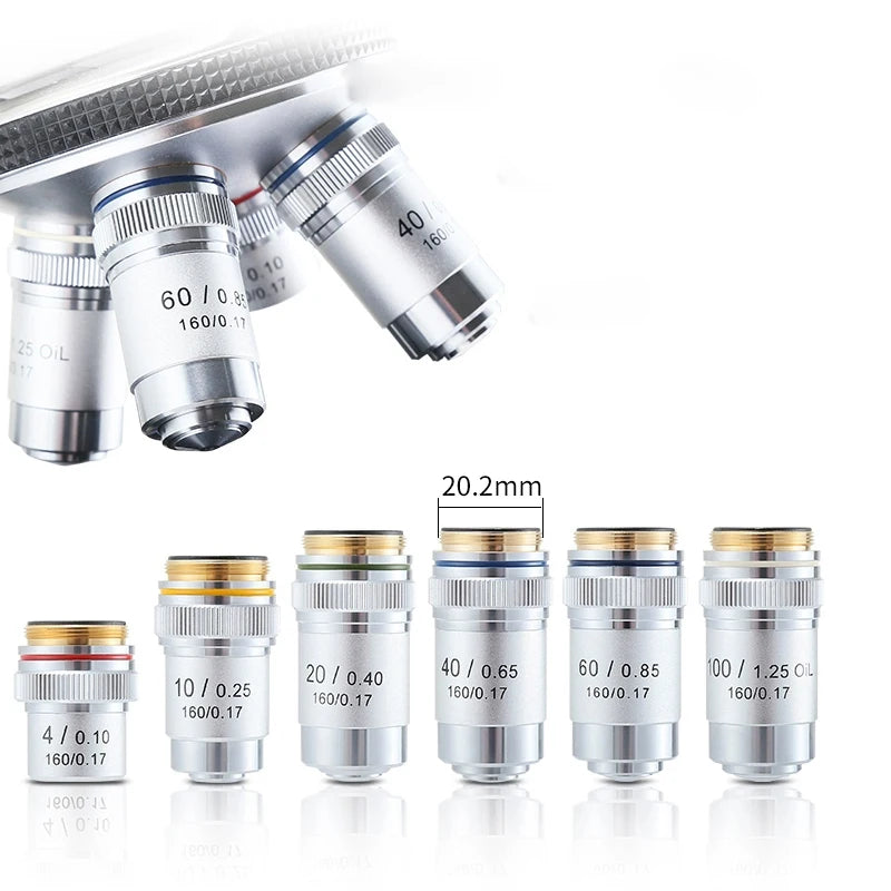Biological Microscopes Lens 4X 10X 20X 40X 60X 100X(oil) 195 Achromatic Objective Lens Parts