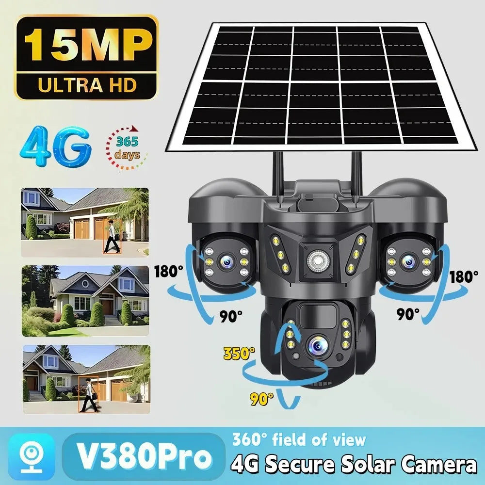Outdoor Solar Security Camera 4G IP Camera Home Security 15MP Triple Lens 360° PTZ Surveillance Color Night Vision CCTV Camera