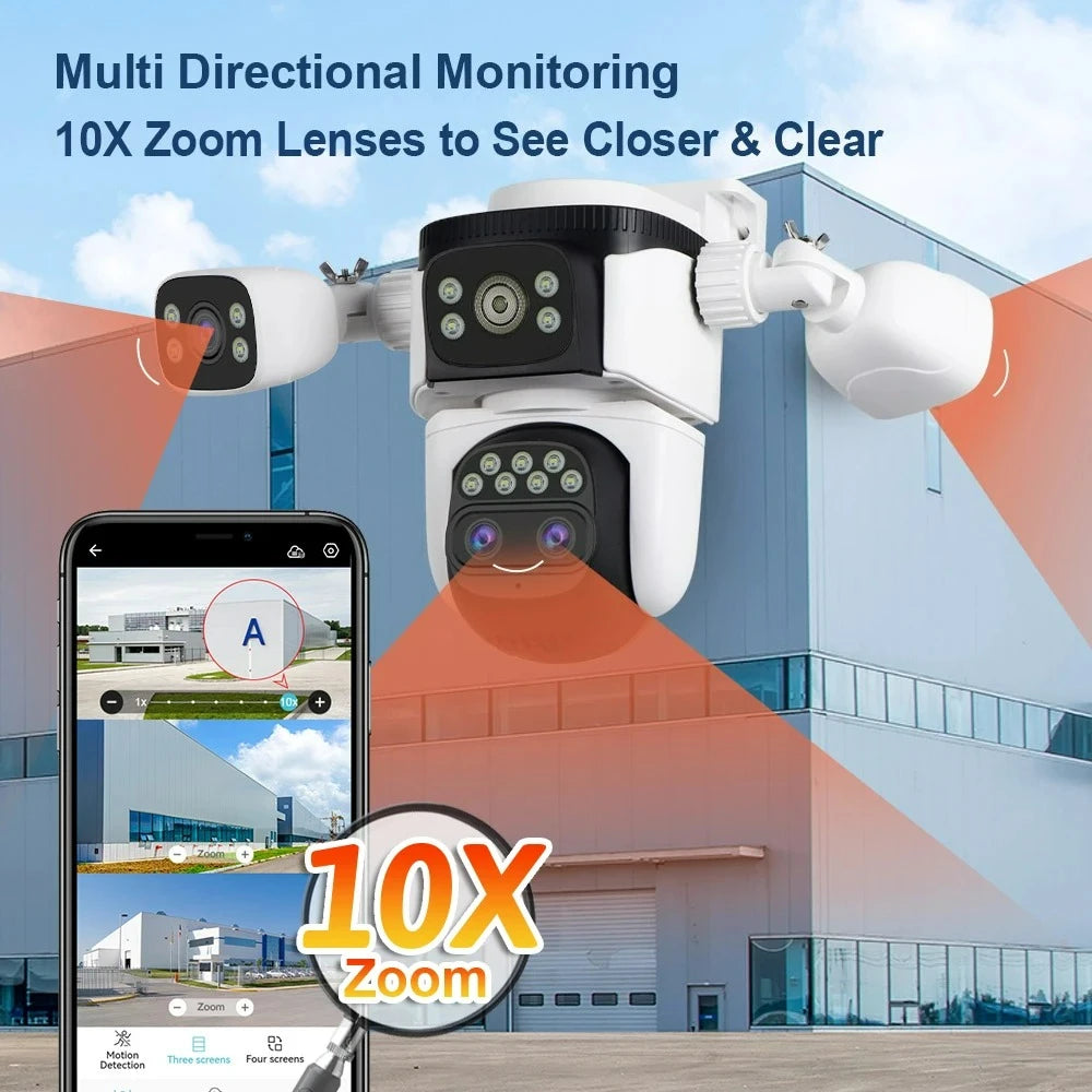 10K Home Security WiFi Camera Four Len Four Screen 360° 10X Zoom CCTV 20MP Wireless Surveillance IP Cam Security Dual Lens Cam