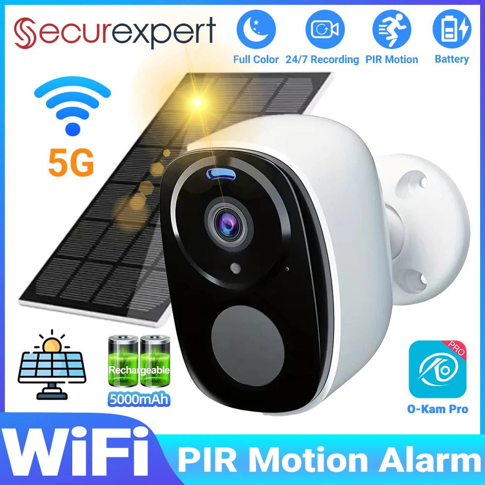 2K 5MP Solar Security Camera Wireless Outdoor Color Night Vision Battery Powered Support 5G WiFi, PIR, Waterproof, Two-Way Alexa