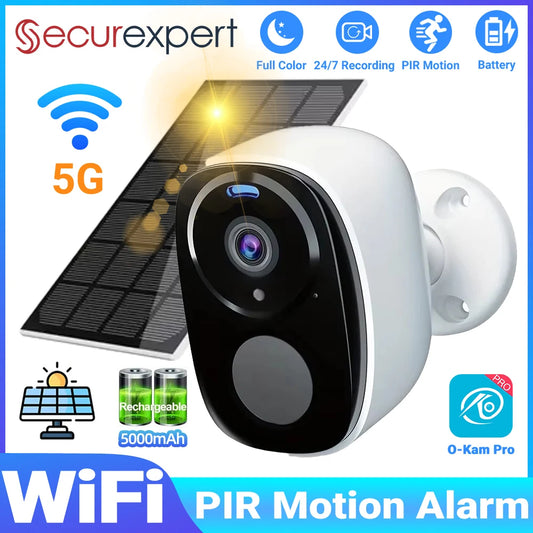 2K 5MP Solar Security Camera Wireless Outdoor Color Night Vision Battery Powered Support 5G WiFi, PIR, Waterproof, Two-Way Alexa