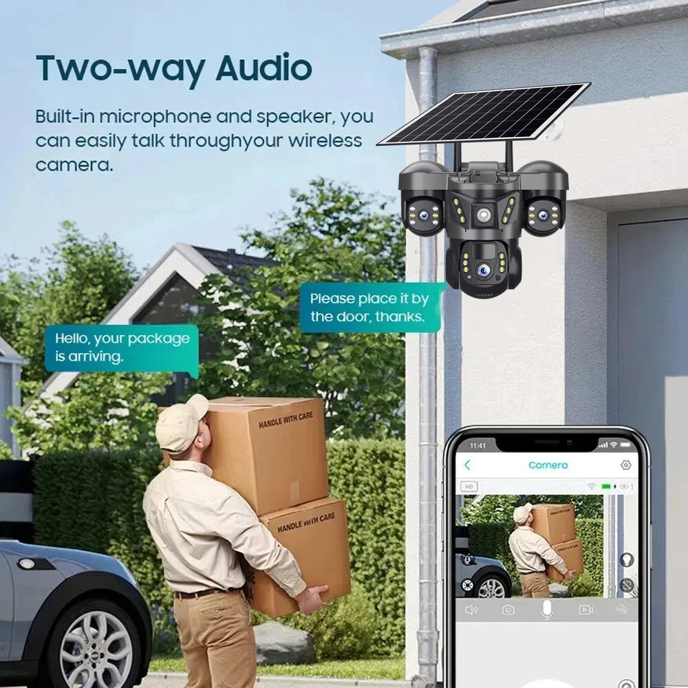 Solar Security Camera 4G Outdoor 3 Lens 3 Screen Color Night Vision 10X Zoom Cameras PIR Human Detect CCTV Security Protection