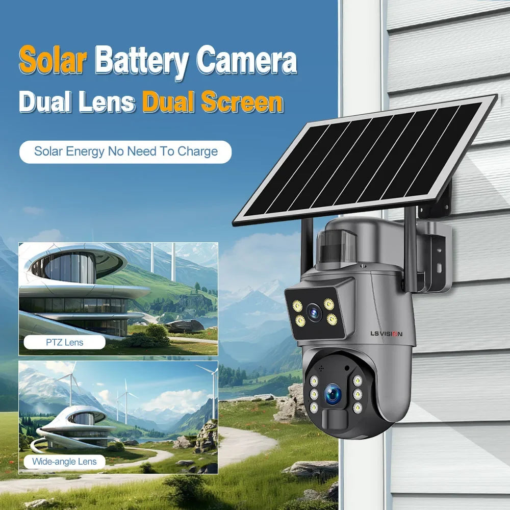 LS VISION Solar Security Camera 4G Wireless Outdoor Camera 4K 8MP Dual Screen 360° Surveillance  Wi-Fi Waterproof  PIR Cam UBOX