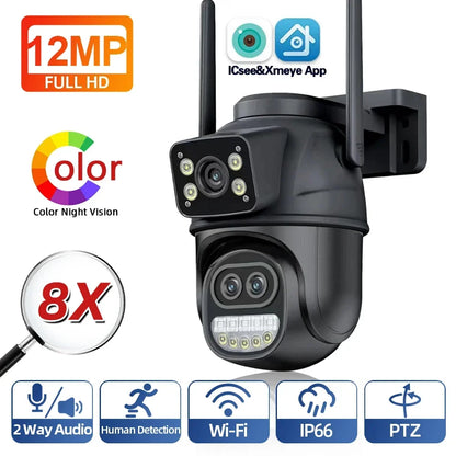 ICSEE Smart WIFI Security Camera 12MP 8K Three Lens 8X Zoom Outdoor HD Video Surveillance IP Cameras IPTV CCTV PTZ Auto Tracking