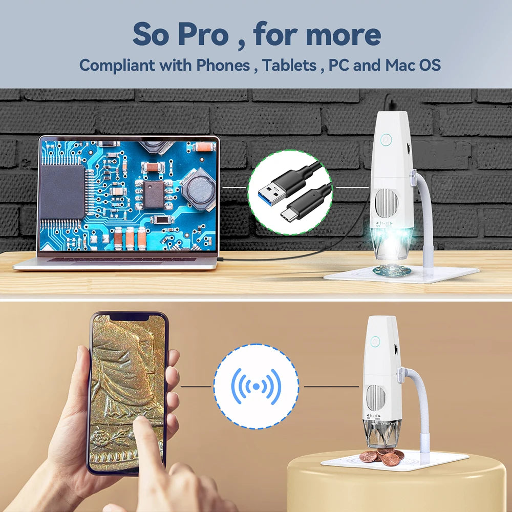 WiFi Digital Microscope 1000X 2MP 1080P Type-C Phone PC Connected Photo Video Taking 8 LED Lights Portable Electronic Microscope