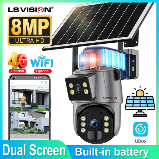 LS VISION Solar Security Camera 4G Wireless Outdoor Camera 4K 8MP Dual Screen 360° Surveillance  Wi-Fi Waterproof  PIR Cam UBOX