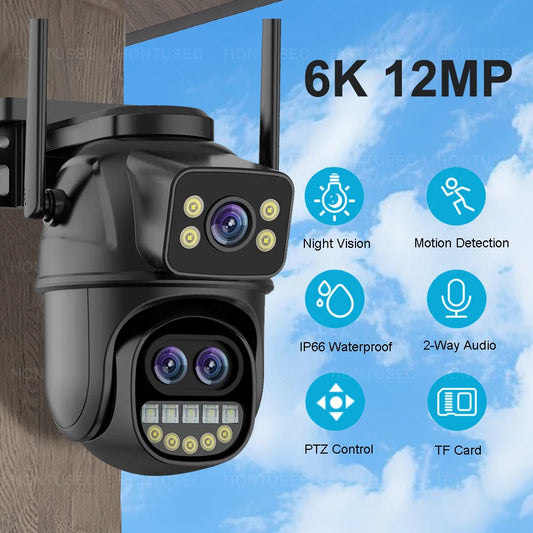 6K 12MP ICSEE Wifi Security Camera 3 Lens Dual Screen 8X Zoom Outdoor Waterproof Color Night Vision IP66 Surveillance Camera