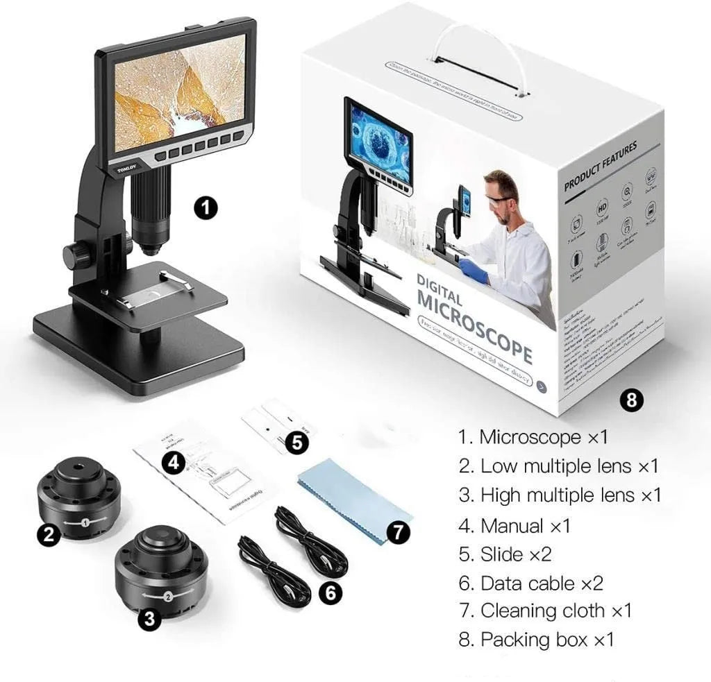 Biological Microscope Dual Lens 2000X 7" IPS HD1080P Digital Microscopes For Soldering Study With Remote Control