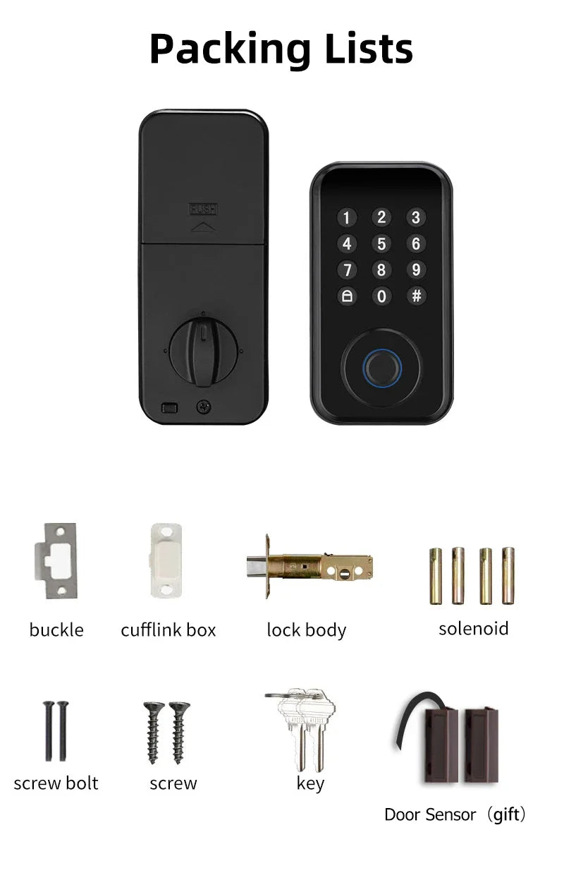CDOK DS02 Tuya Smart Fingerprint Deadbolt Lock with Latch/Door Sensor Auto Lock Key/Password/ Tuya Smartlife APP Unlock