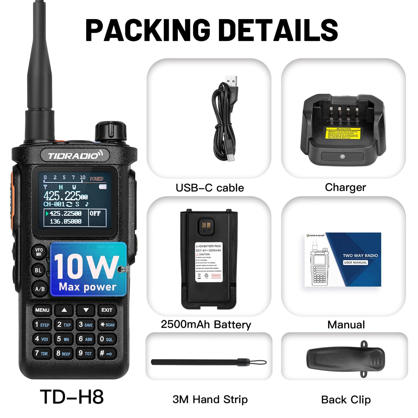 TIDRADIO 2nd Gen TD-H8 10W Professional Walkie Talkie Portable Long Range Radio Phone Wireless Programmable Search Repeaters