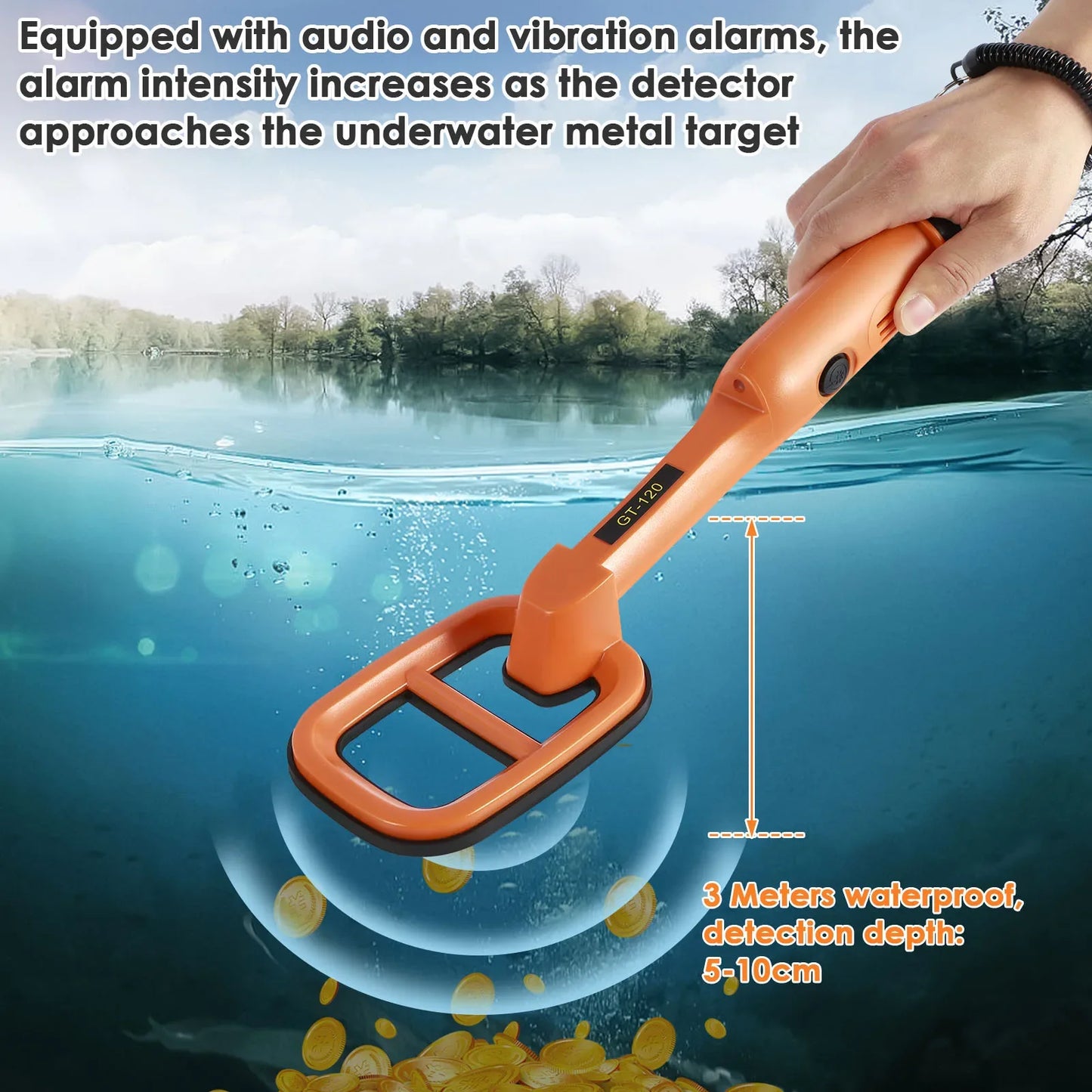 Underwater Metal Detector IP68 Fully Waterproof Handheld GT-120 Metal Finder Detector Diving Detecting Treasure with LED Alarm