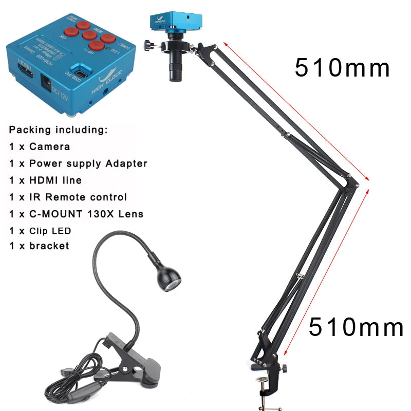 48MP 4K 1080P HDMI USB Industrial Video Digital Microscope Camera 130X Zoom C Mount Lens Cantilever stand For Repair Soldering