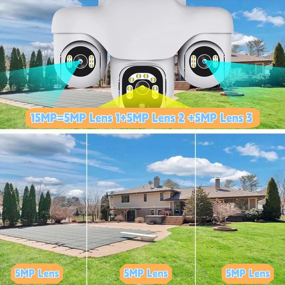Home Security 4G IP Solar Camera Triple Screen 360°PTZ 10x Zoom CCTV 15MP Wireless Surveillance Security Protection IP Camera
