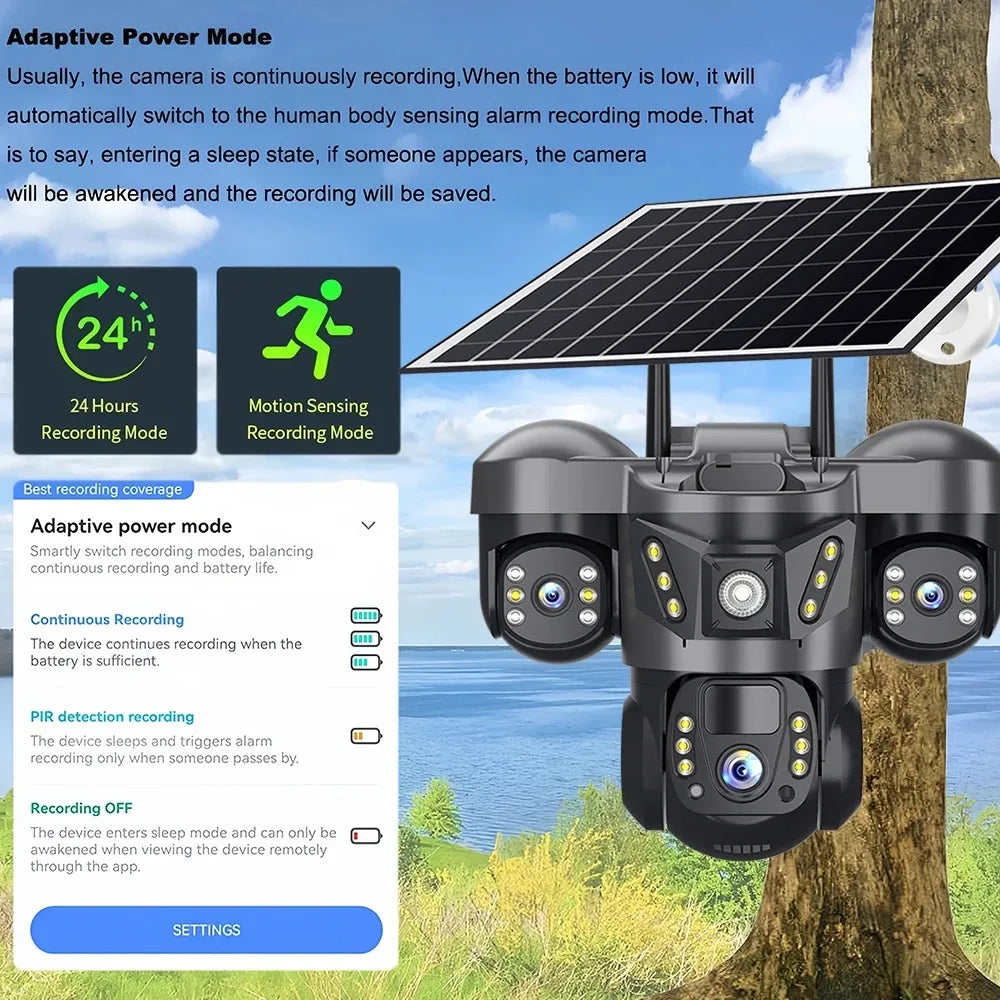 Outdoor Solar Security Camera 4G IP Camera Home Security 15MP Triple Lens 360° PTZ Surveillance Color Night Vision CCTV Camera