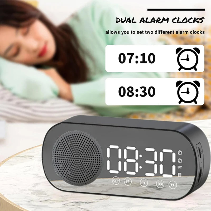 Alarm Clock Bluetooth Speaker, Digital Alarm Clock Radio with LED Mirror Display, Loud Alarm Clock for Heavy Sleepers