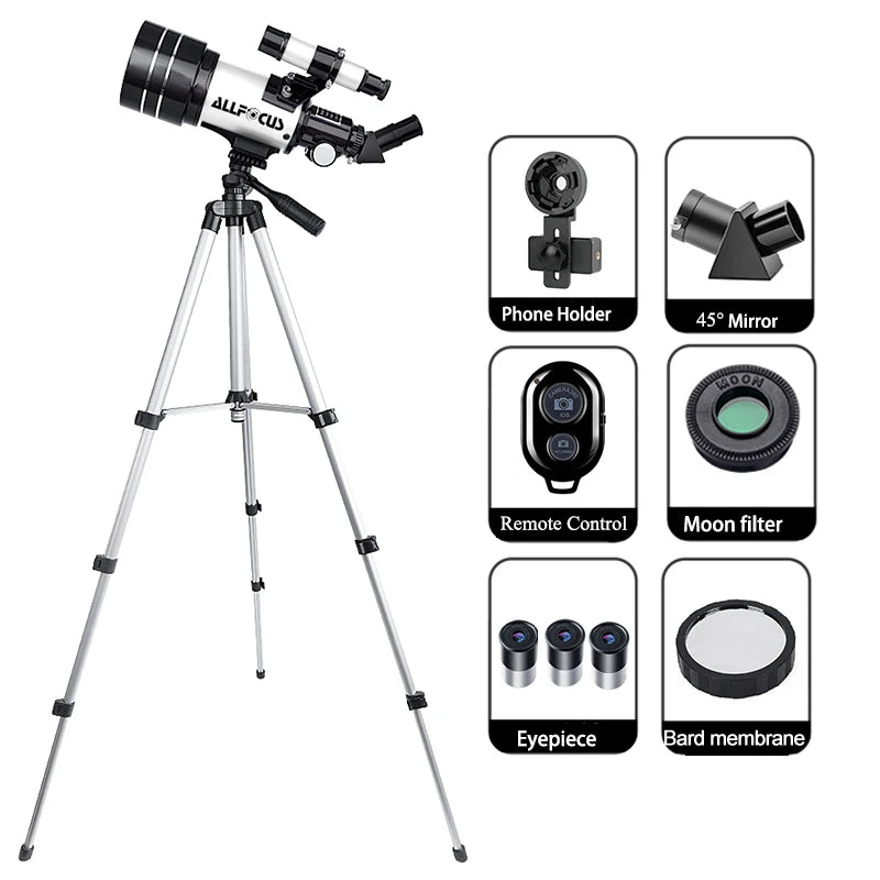 ALLFOCUS 150X Astronomical Telescope , 70mm Aperture Refractor Portable Travel Telescope with Phone Adapter &Wireless Remote