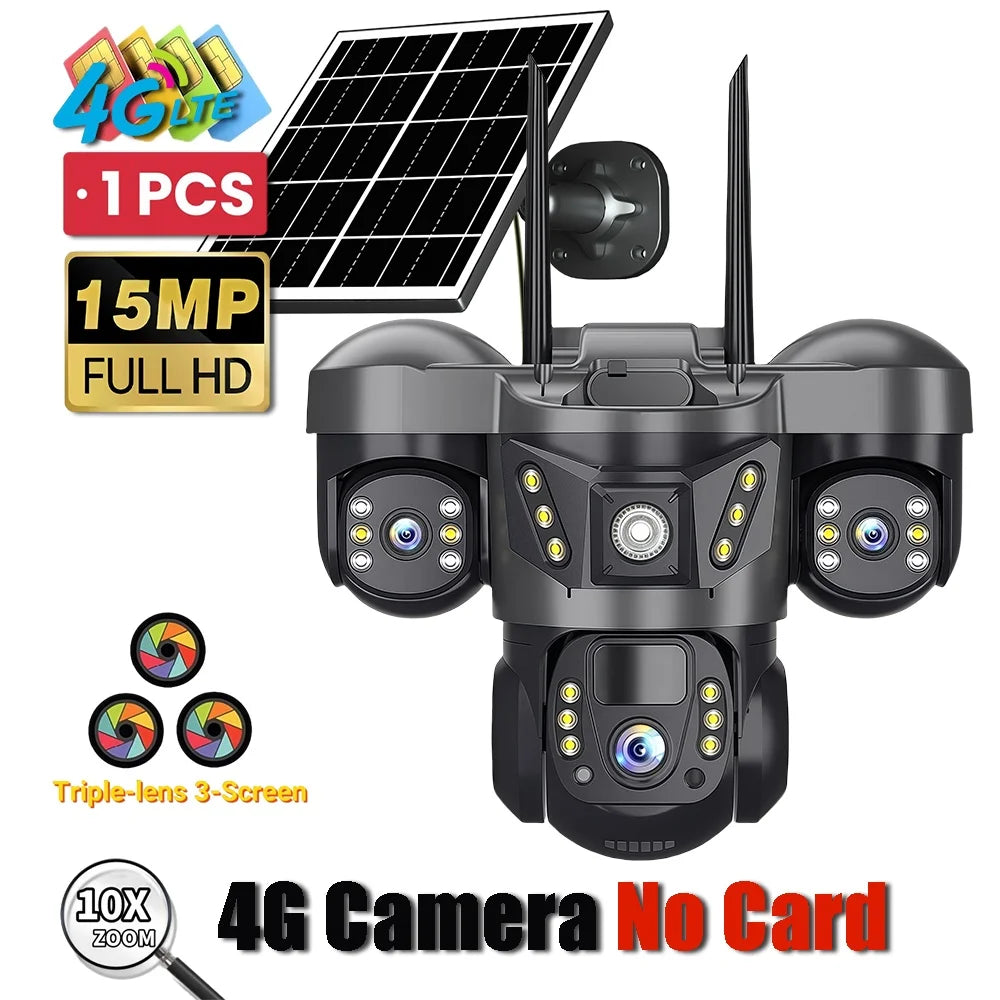 Outdoor Solar Security Camera 4G IP Camera Home Security 15MP Triple Lens 360° PTZ Surveillance Color Night Vision CCTV Camera