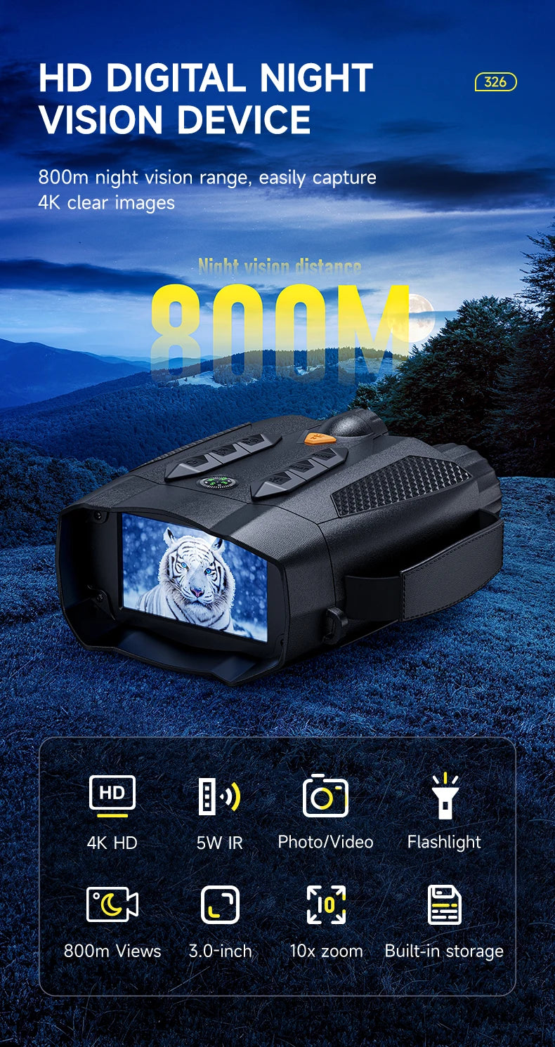 Night Vision Binoculars 4K Infrared 5W IR Rechargeable 10X Digital Zoom 800 Meters Darkness Goggles for Hunting & Surveillance