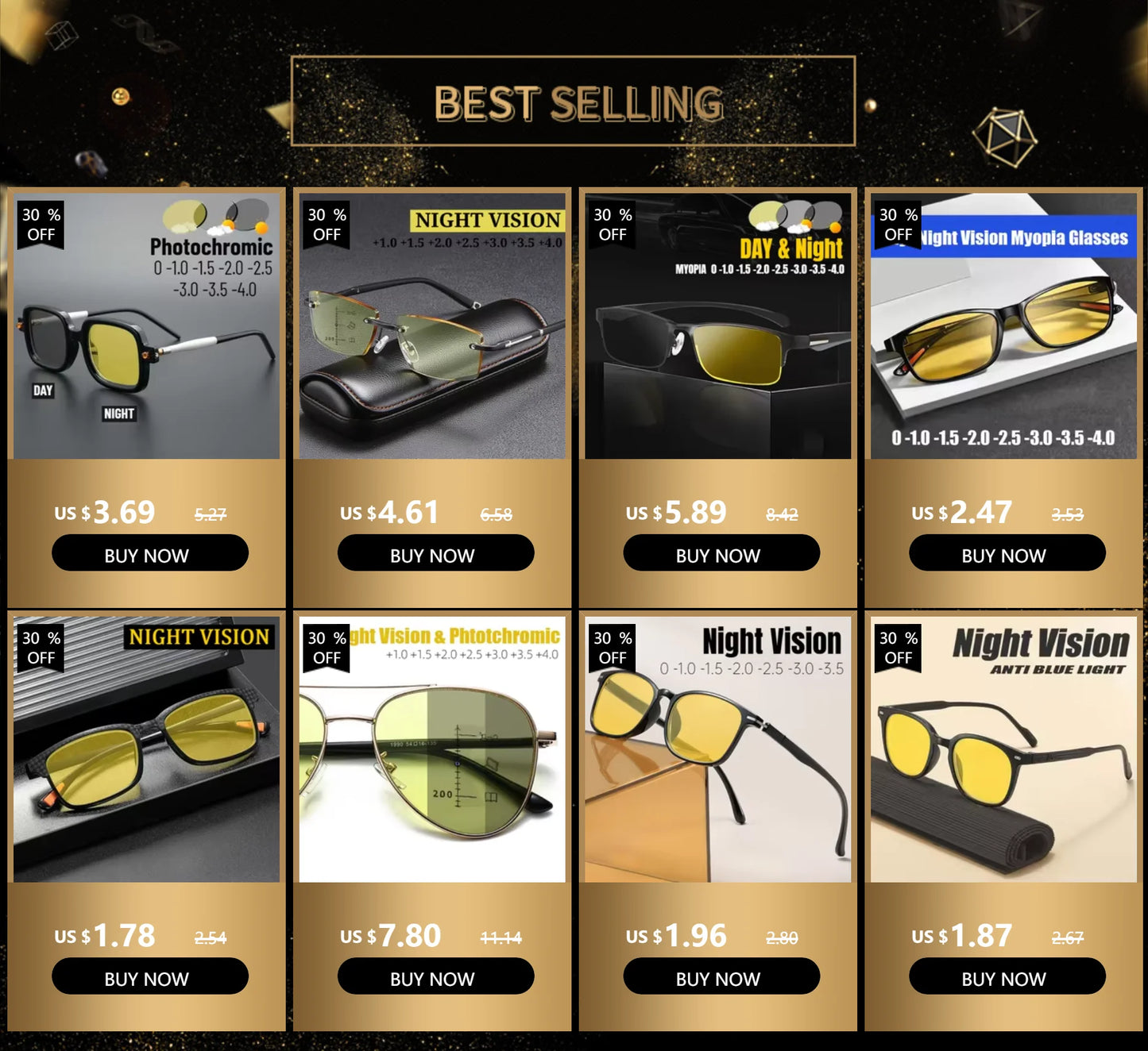 Night Vision Myopia Glasses Cat Eye Near Sight Eyewear for Driving Finished Prescription Eyewear Unisex Diopters 0 To -4.0