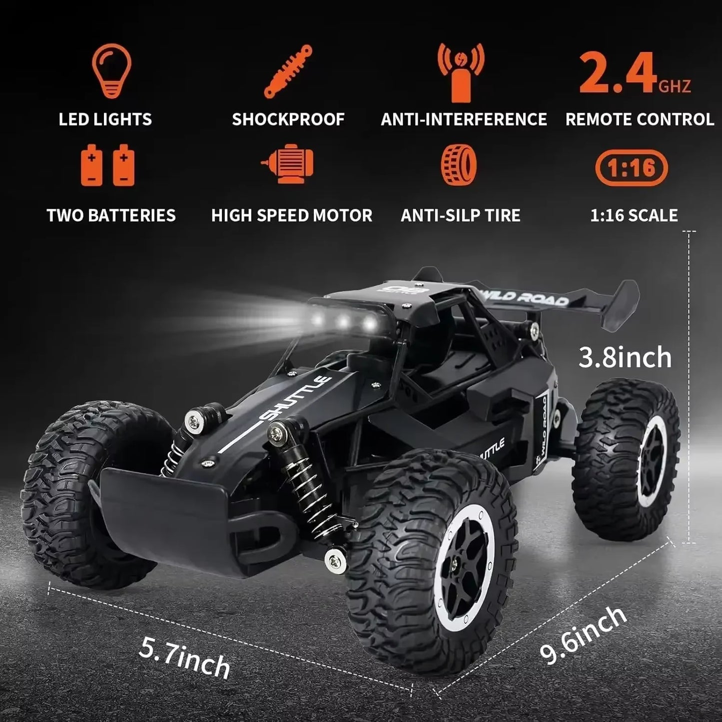 RC Car Truck 1:16 2.4Ghz All Terrain Off-Road Monster High Speed 20KM/h Remote Control Car with LED Headlights Toy Birthday Gift
