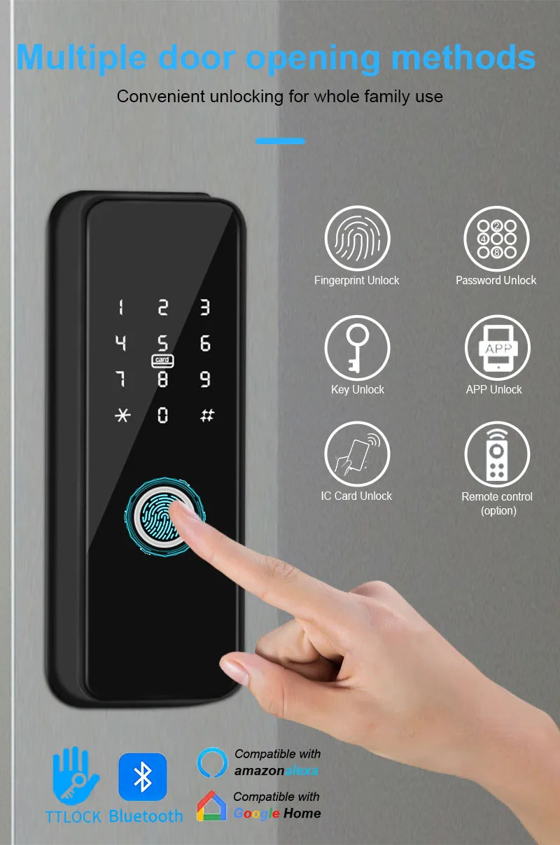 Outdoor Smart Fingerprint Door Lock: Waterproof, Bluetooth, Code, IC Card, Keyless Entry. Support TTLock WIFI Hub for glass door