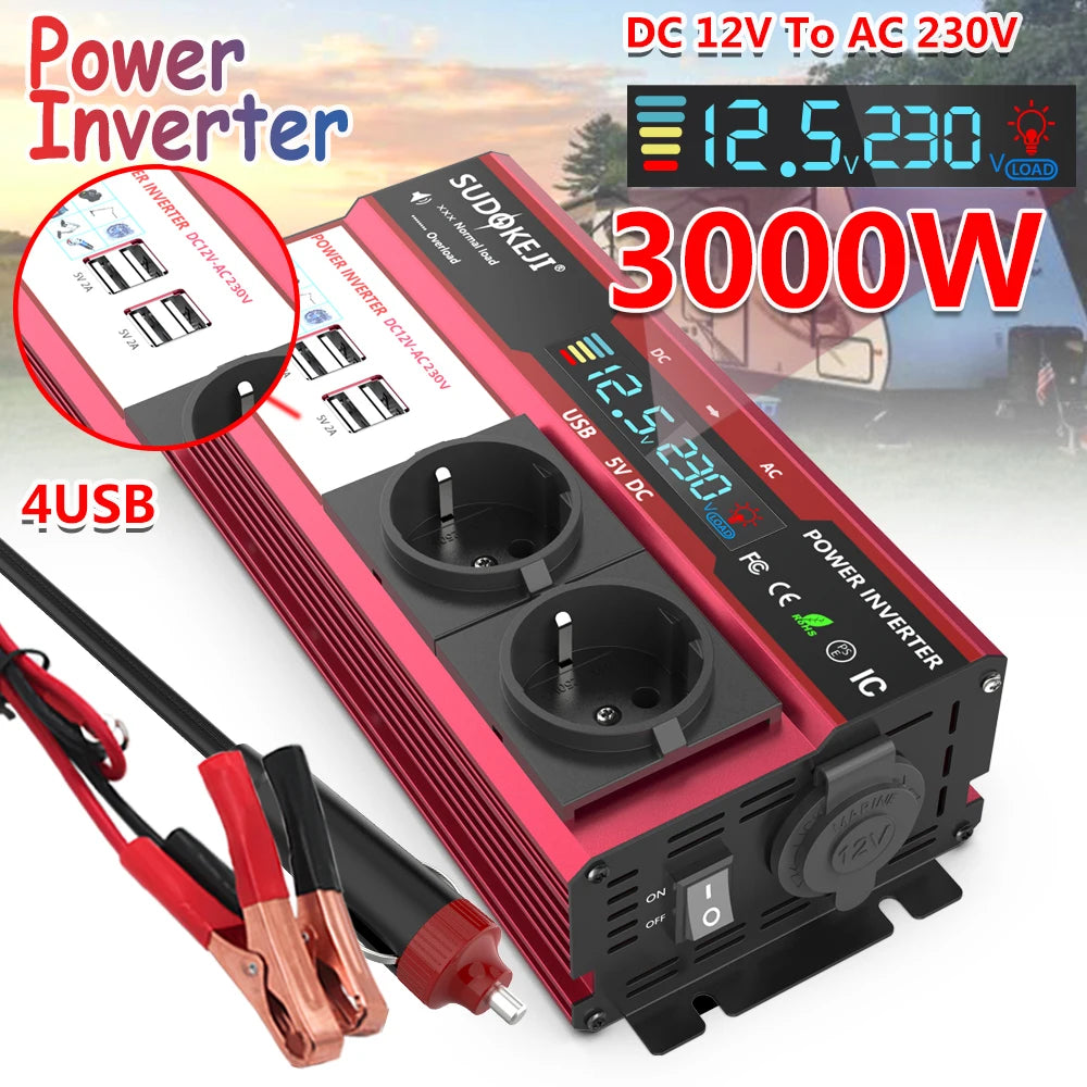 Power Inverter 2000W 3000W 4000W DC 12V To AC 220V Transformer with USB  Universal Socket Charge with LED Display for RV