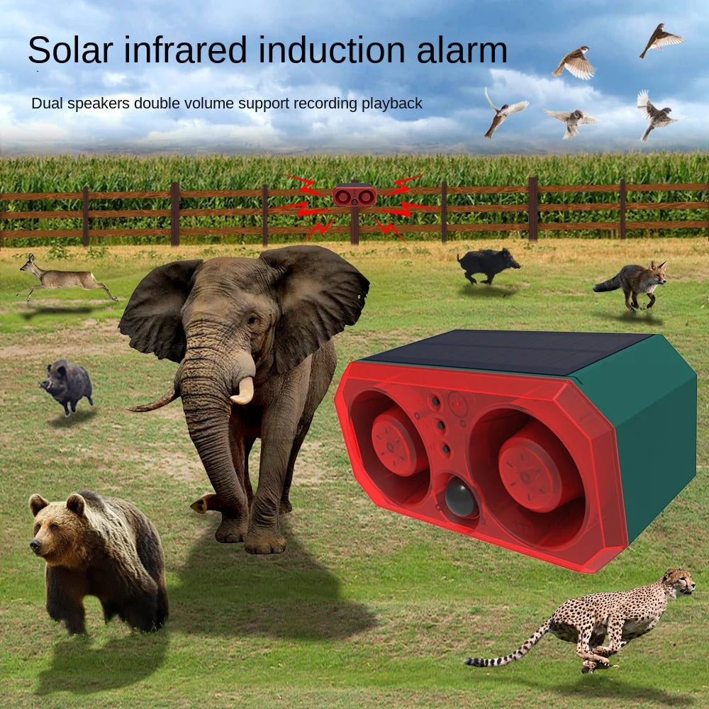 Solar alarm high power dual horn alarm light infrared induction flashing red and blue light animal repeller