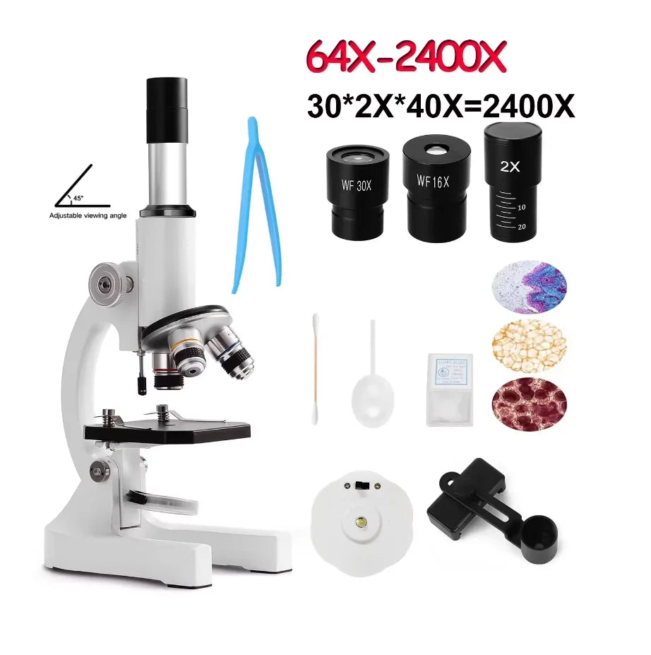Microscope for Adults Kids 64X-2400X Magnification Compound Microscope with Microscope Slides Fill Light for Children Students
