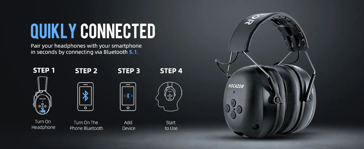 HOCAZOR Electronic Hearing Protection Bluetooth 5.3 Music Headphones for Mowing Noise Cancelling Earmuffs Security Protecter