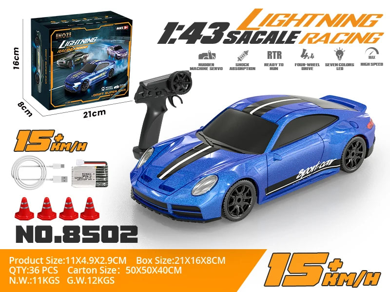 1/43 RC Cars LED Light 2.4G Radio Remote Control Sports Cars For Children Racing High Speed Drive Vehicle Drifts Boys Girls Toys