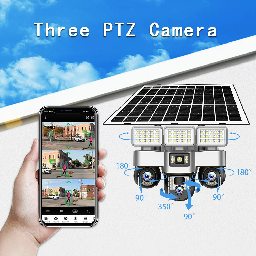 Solar Cameras 4G 15MP Three PTZs Len PIR Human Tracking Security CCTV Surveillance IP Camera PTZs control Wifi security cameras
