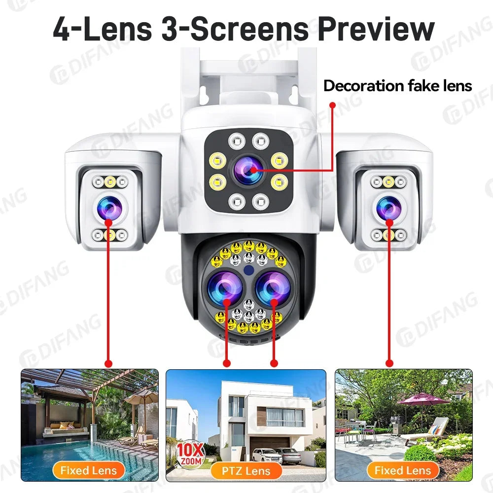 Security Protection 8K WiFi Camera Outdoor Four Lens Triple Screen 10X Zoom 360° CCTV Surveillance Ai Yoosee 16MP Security Cam