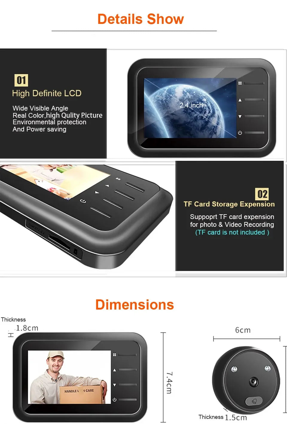 2.4 inch Video Peephole Doorbell Camera Video-eye Auto Record Electronic Ring Night View Digital Door Viewer Entry Home Security