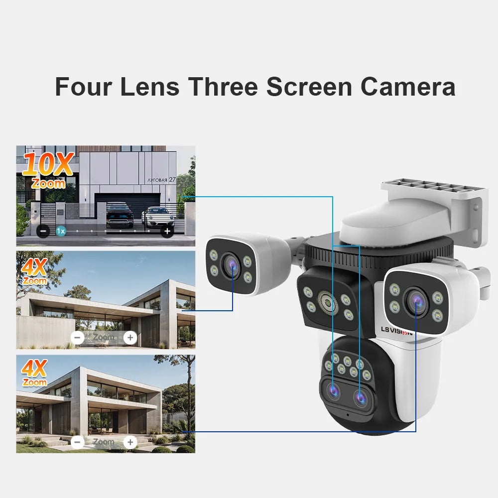 LS VISION 10K Security Camera WiFi Camera 10X Zoom Three Screen Home Wireless Surveillance Cameras CCTV Camera Human Detection