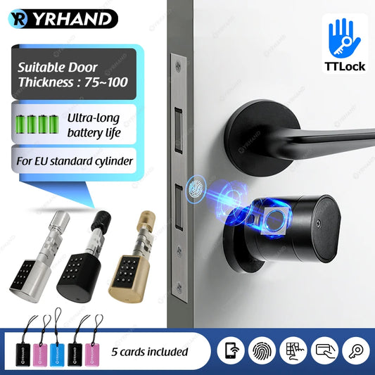 Smart Euro Cylindrical Door Lock ttlock app Keyless Security Entry Mechanical Key Waterproof fingerprint door lock For home