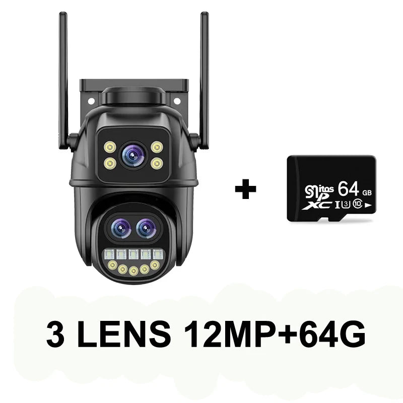 6K 12MP ICSEE Wifi Security Camera 3 Lens Dual Screen 8X Zoom Outdoor Waterproof Color Night Vision IP66 Surveillance Camera