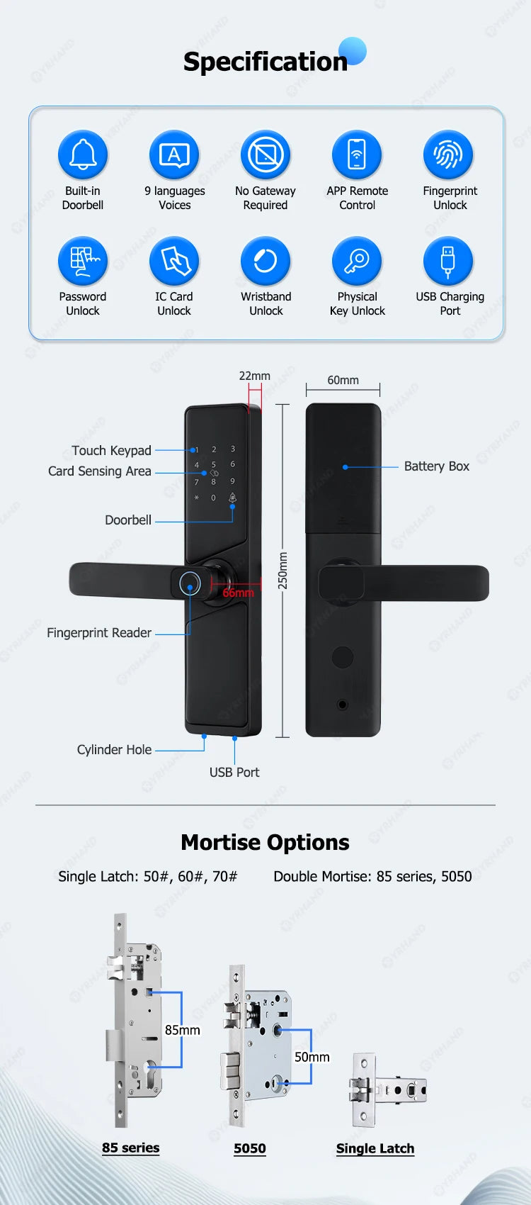 9 languages Smart Electronic Door Lock with Biometric Fingerprint  Interface Tuya Wifi Compatible Home Security