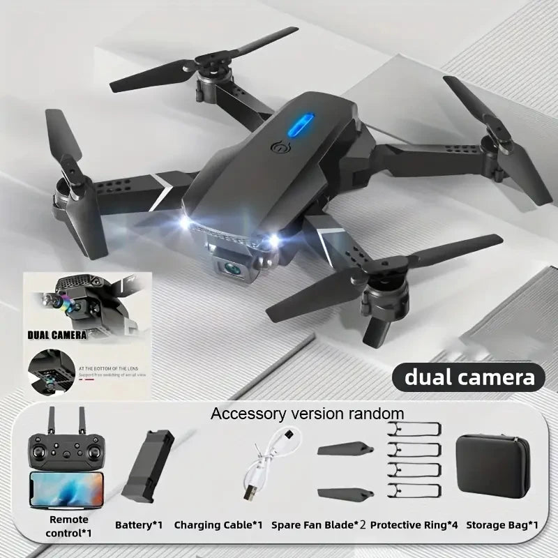 Drone Foldable Wings, Dual Cameras for Aerial Photography, 360° Rotation, One-Click Takeoff, Portable Rechargeable Battery