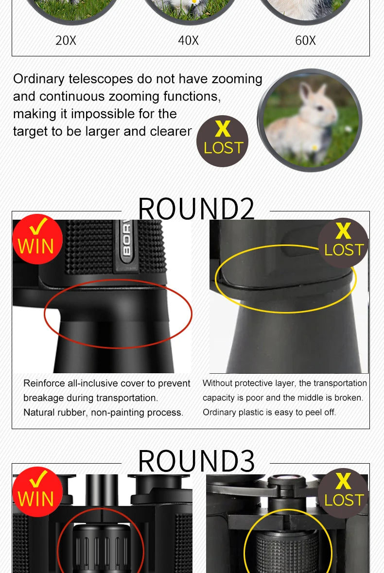 BORWOLF Large Objective lens 20-60X70 Binoculars FMC Optical High Power Hunting Birdwatching Telescope Fo rMoon Watching