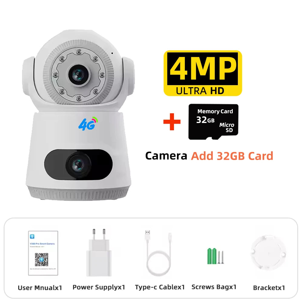 4G Security Camera with SIM Card 8MP 4K Dual Lens Two-Way Audio Indoor Baby Monitor Home CCTV Surveillance Night Vision