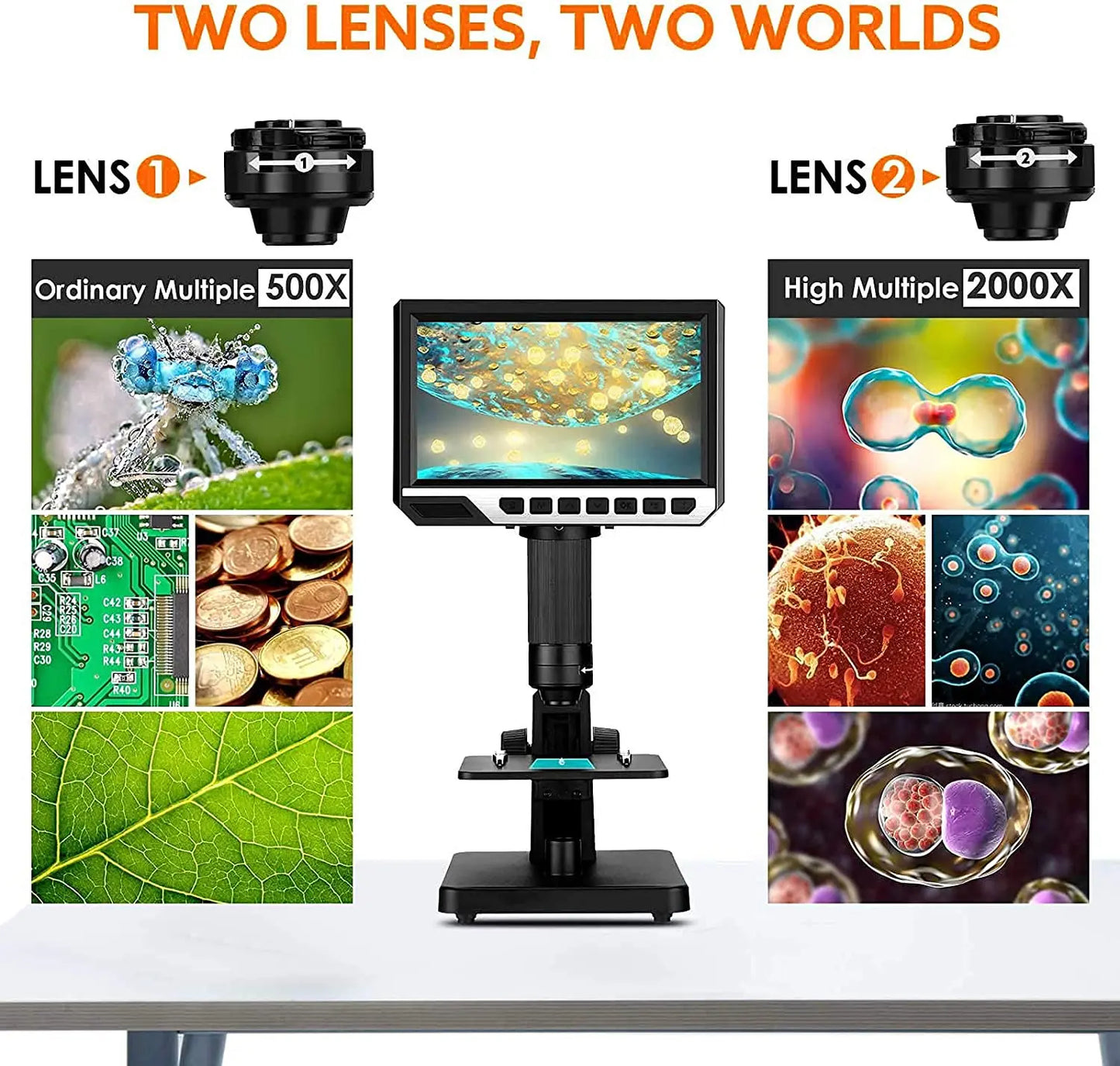 Biological Microscope Dual Lens 2000X 7" IPS HD1080P Digital Microscopes For Soldering Study With Remote Control