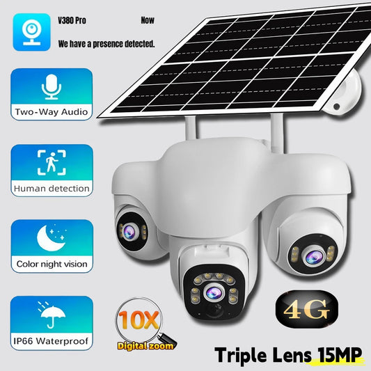 Home Security 4G IP Solar Camera Triple Screen 360°PTZ 10x Zoom CCTV 15MP Wireless Surveillance Security Protection IP Camera